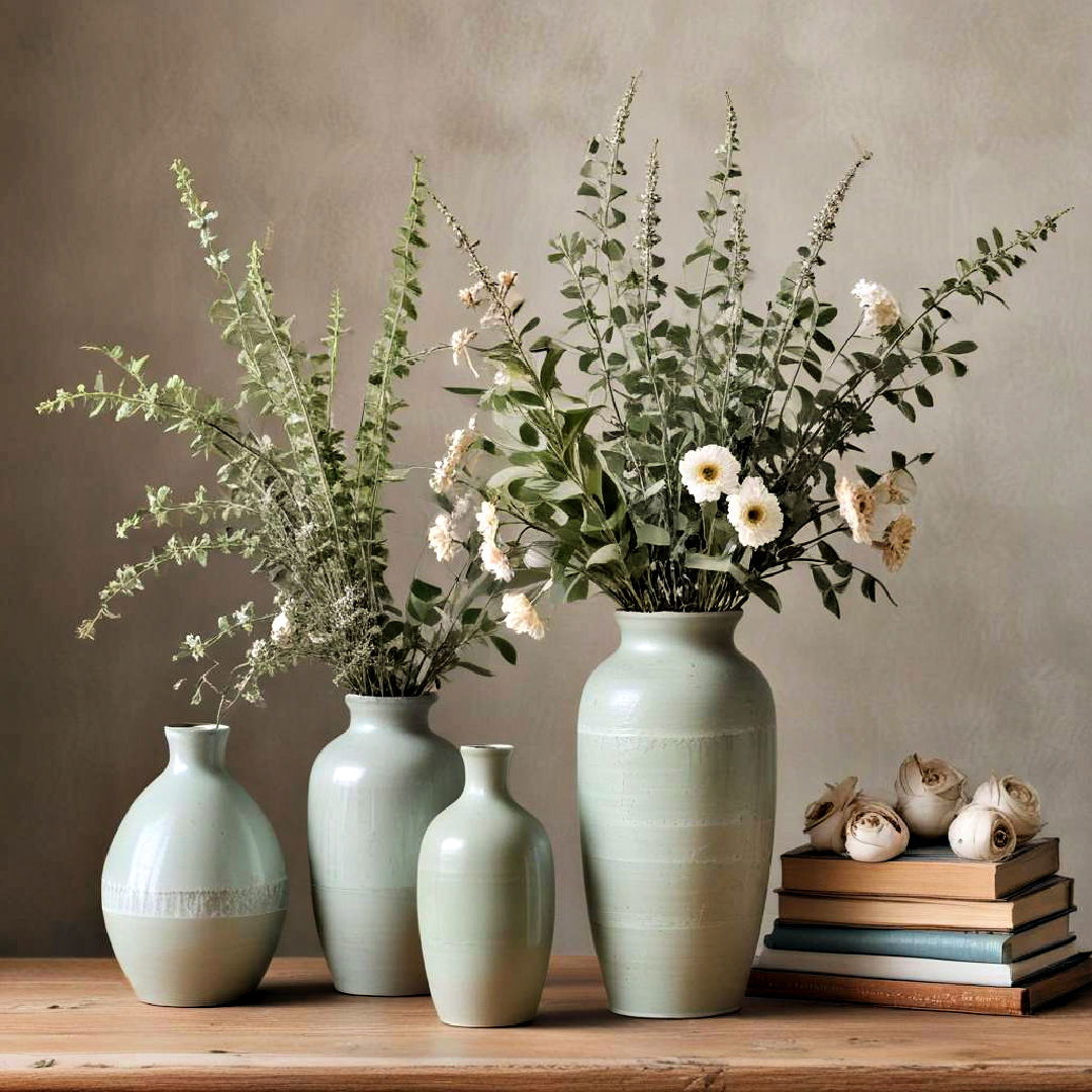 decorative vases in sage green - 25 Rustic Sage Green Living Room Ideas