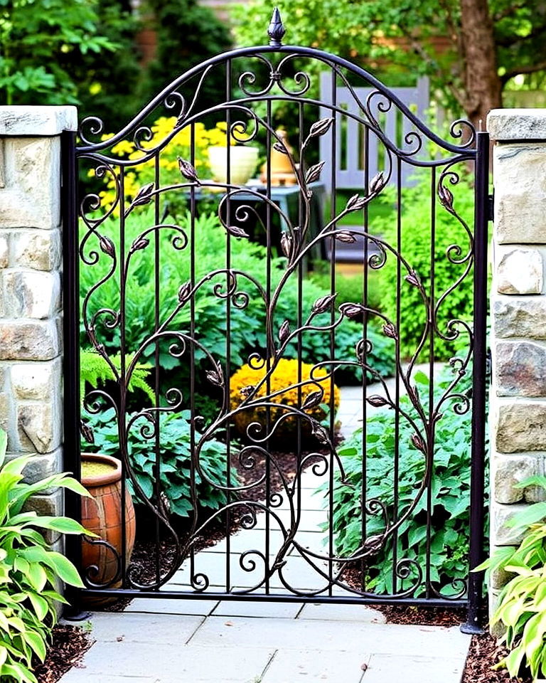 decorative vine inspired design for metal gate - 25 Metal Garden Gate Ideas