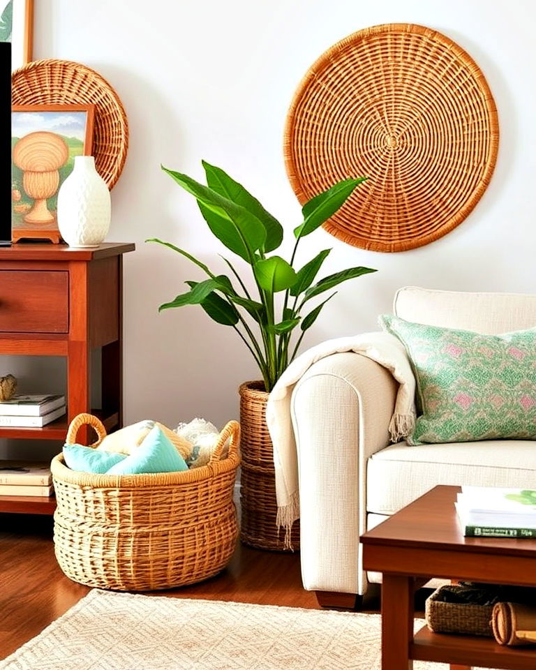 decorative wicker baskets as functional decor - 25 Tropical Living Room Ideas