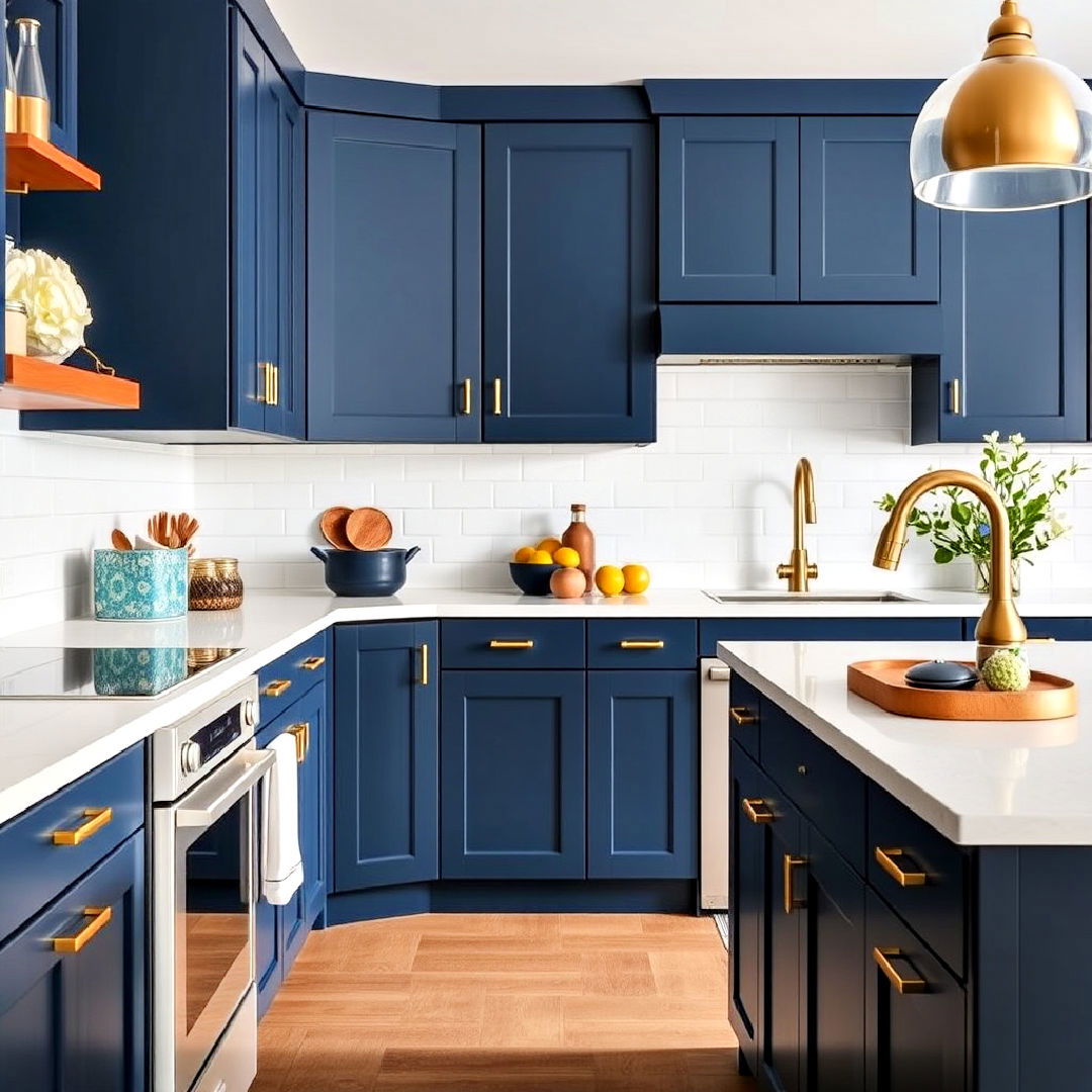 deep blue cabinets with satin brass hardware - 30 Blue Kitchen Cabinets With Gold Hardware