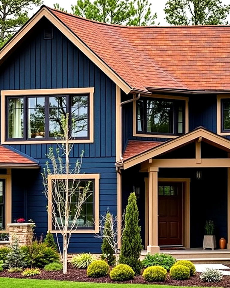 deep blue exterior and charred wood roof - 25 Blue Exterior Home With a Brown Roof Ideas