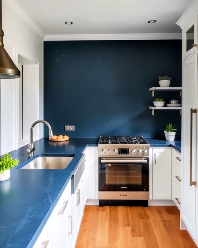 deep blue soapstone counters with white kitchen walls - 20 Kitchens With Blue Countertops