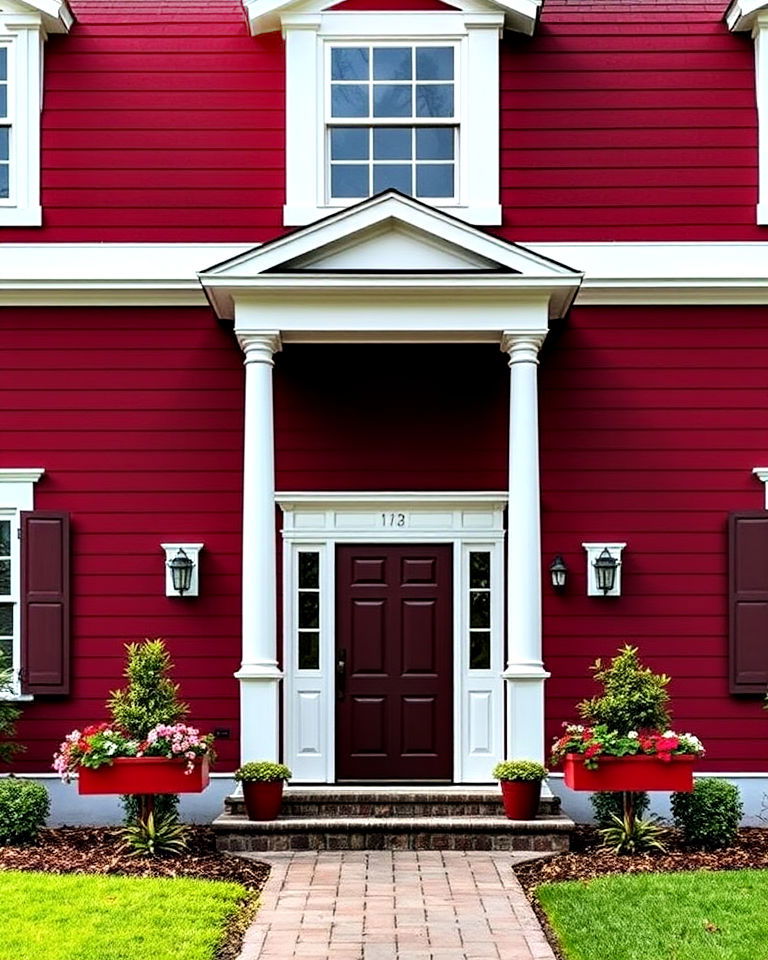 deep burgundy exterior with white trim - 20 Dark Red House Exterior Ideas