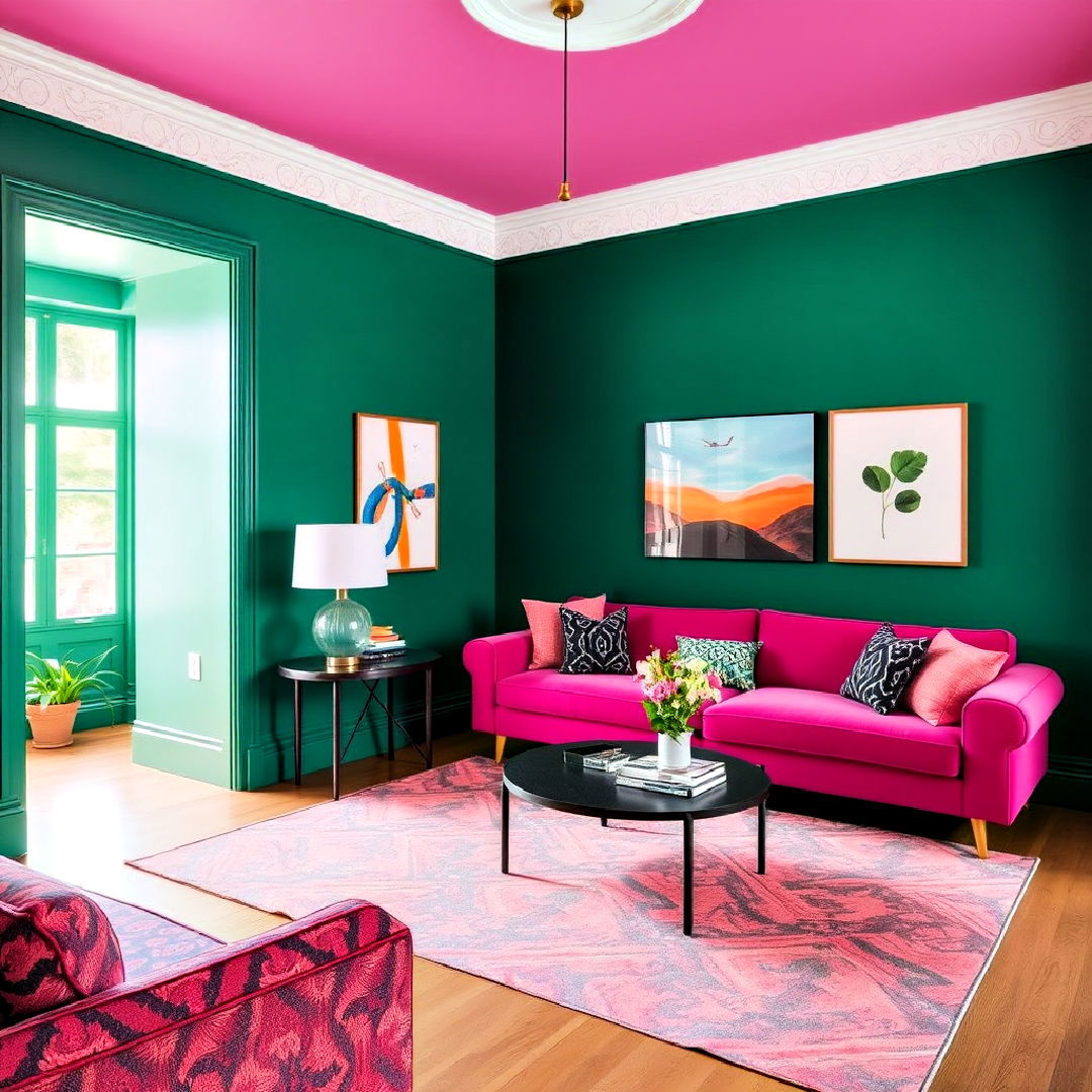 deep emerald green with bright pink - 30 Maximalist Decor Ideas