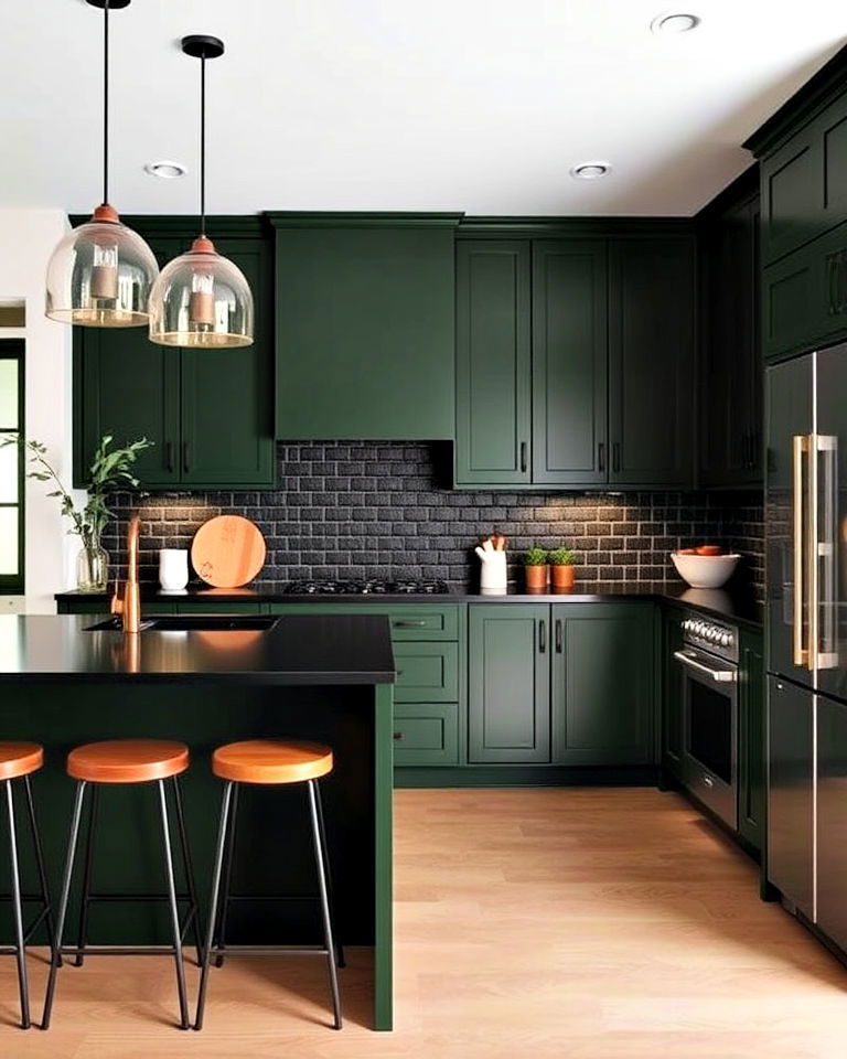 deep green cabinets and black countertops - 20 Green Kitchen Cabinets With Black Countertops