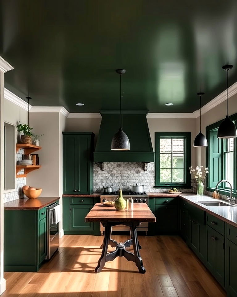 deep green ceiling for kitchen - 40 Dark Green Kitchen Ideas