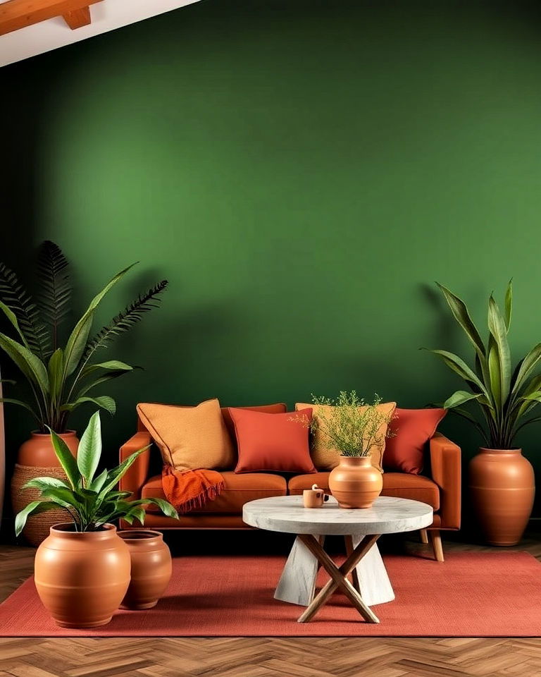 deep green walls and terracotta accents - 20 Green and Terracotta Living Room Ideas