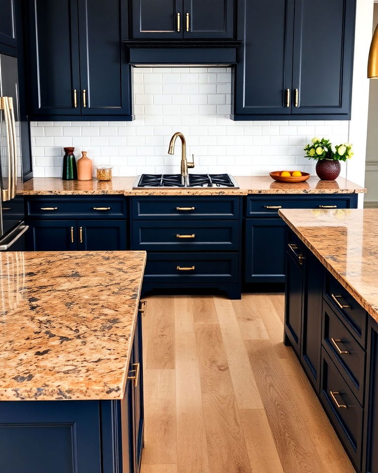 deep navy cabinets with brown granite countertops - 20 Blue Kitchen Cabinets With Brown Granite Countertops