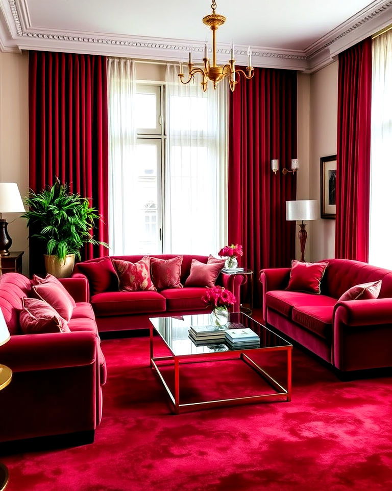 deep red carpet with velvet accents - 20 Red Carpet Living Room Ideas