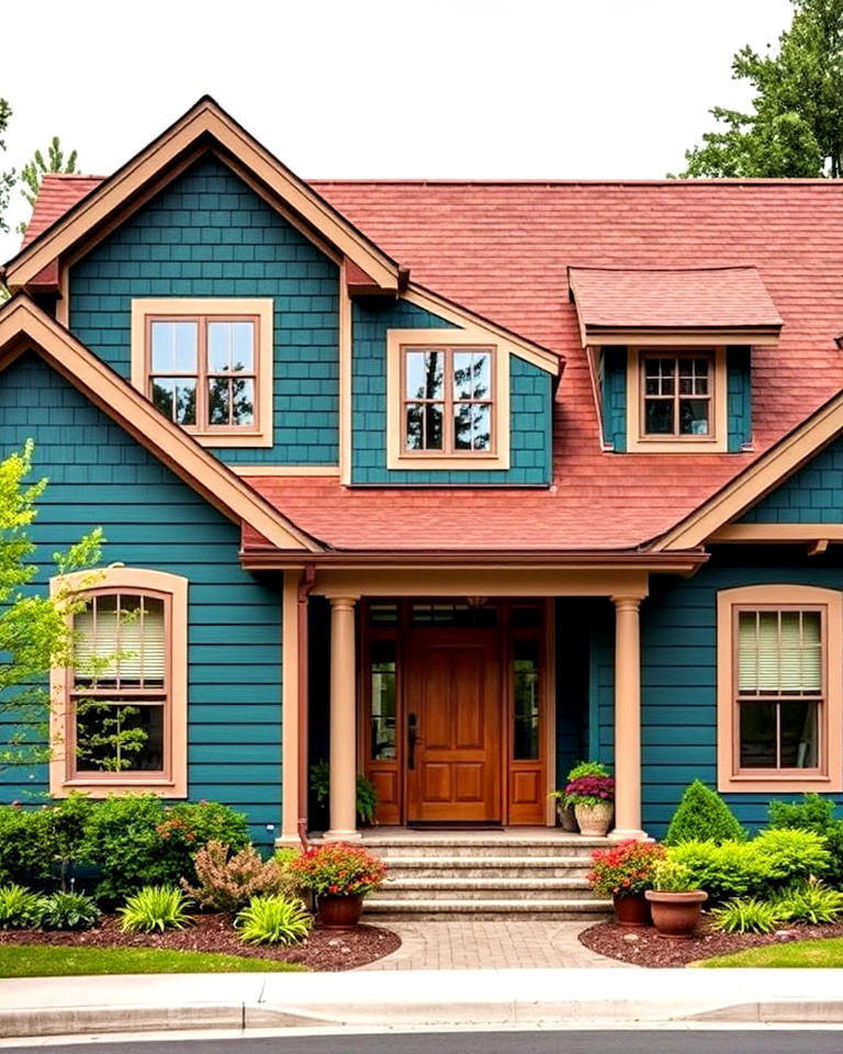 deep teal home exterior with mahogany brown roof - 25 Blue Exterior Home With a Brown Roof Ideas