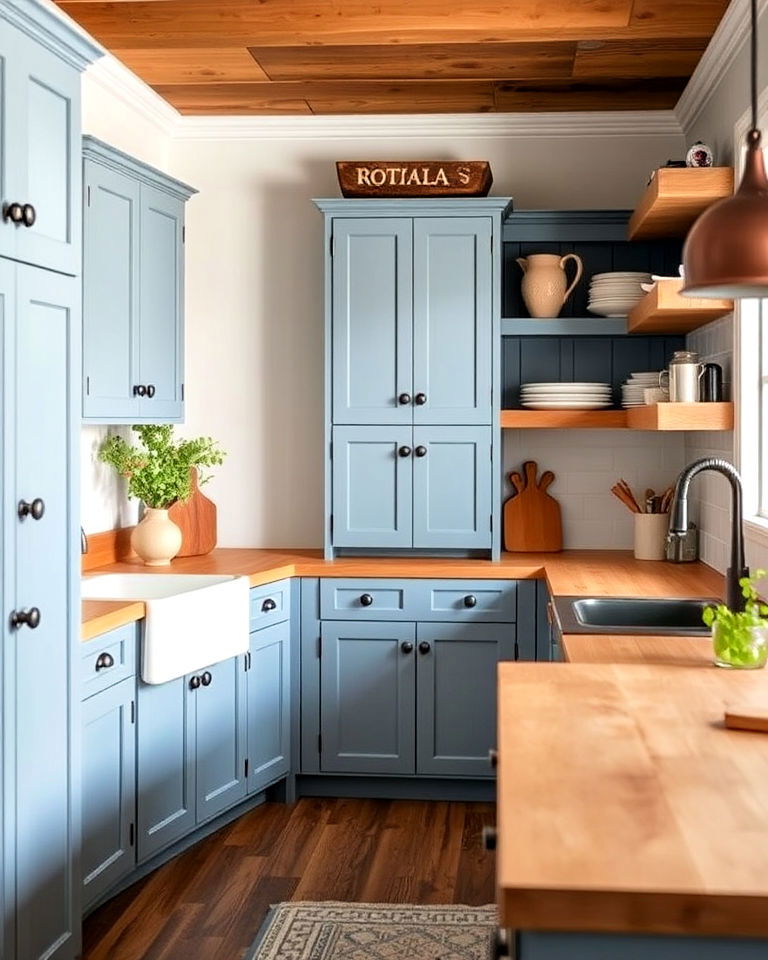 denim blue cabinets and wood countertops - 30 Blue Farmhouse Kitchen Cabinets