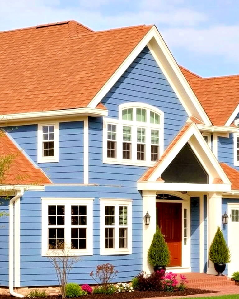 denim blue home exterior and chestnut shingles - 25 Blue Exterior Home With a Brown Roof Ideas
