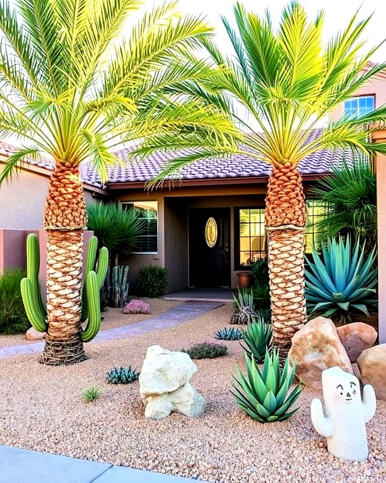 desert inspired palm and cactus garden - 35 Front Yard Palm Tree Landscape Design Ideas