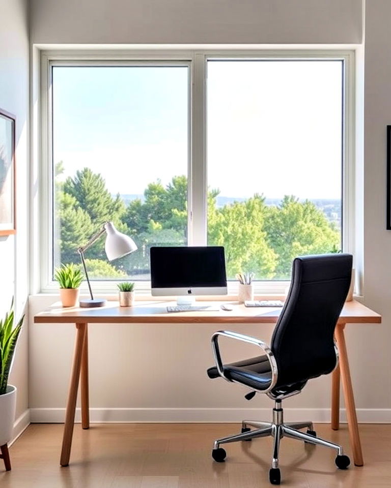 desk in front of a window - 40 Bedroom Office Ideas
