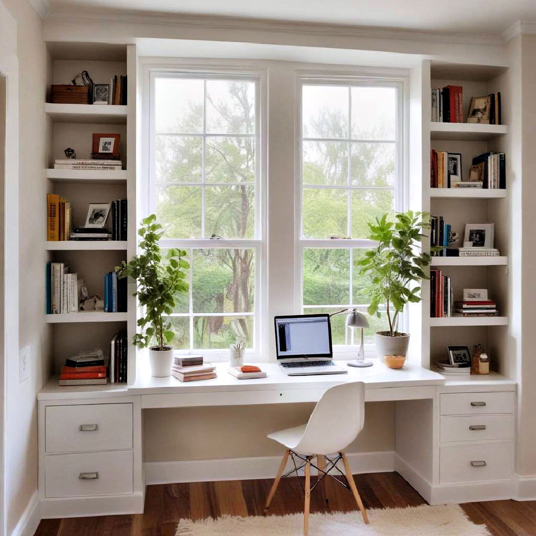 desk with built in shelves - 15 Desk in Front of Window Ideas