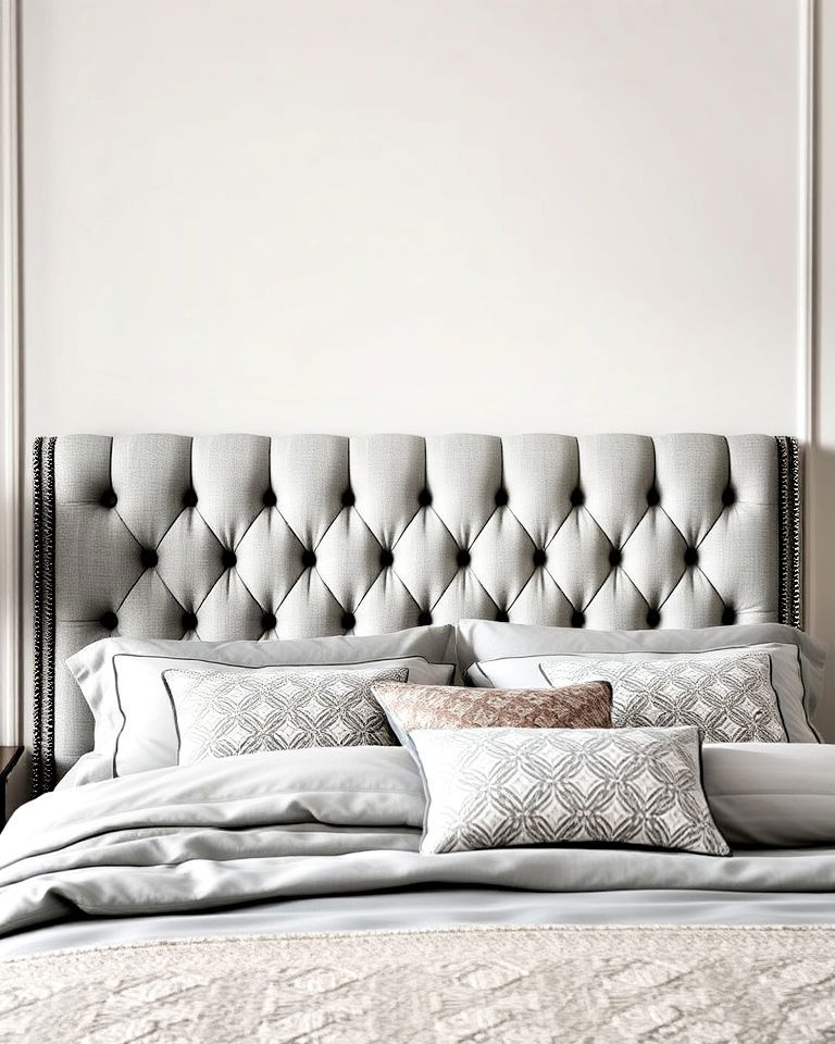 diamond tufting grey headboard design - 25 Grey Headboard Bedroom Ideas