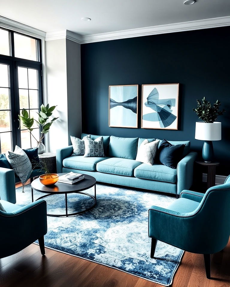 different shades of blue for dramatic effect - 20 Teal Couch Living Room Ideas