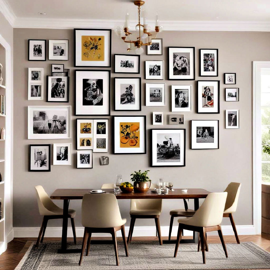 dining area with lively artwork gallery wall - 40 Gallery Wall Ideas