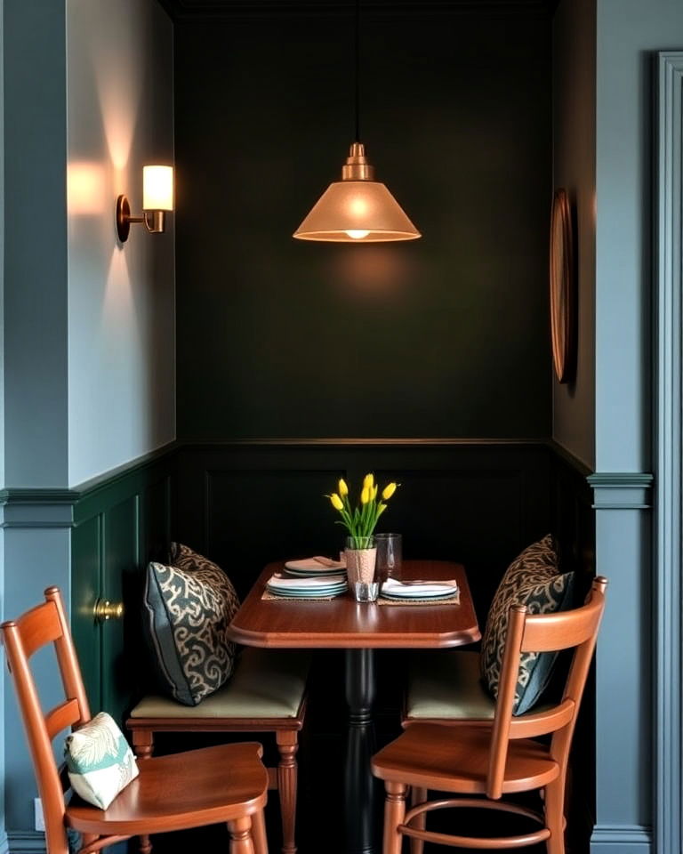 dining nook with dark green accent wall - 40 Dark Green Accent Wall Ideas