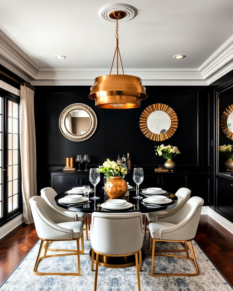 dining room black accent wall and metallic accents - 20 Black Accent Wall Dining Room Ideas