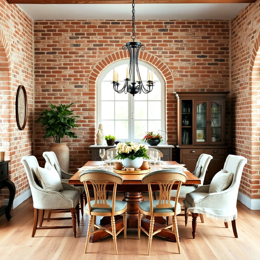 dining room exposed brick walls - 40 French Country Dining Room Ideas
