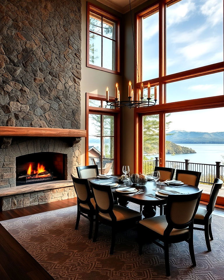 dining room fireplace with large window views - 30 Dining Rooms With Fireplaces