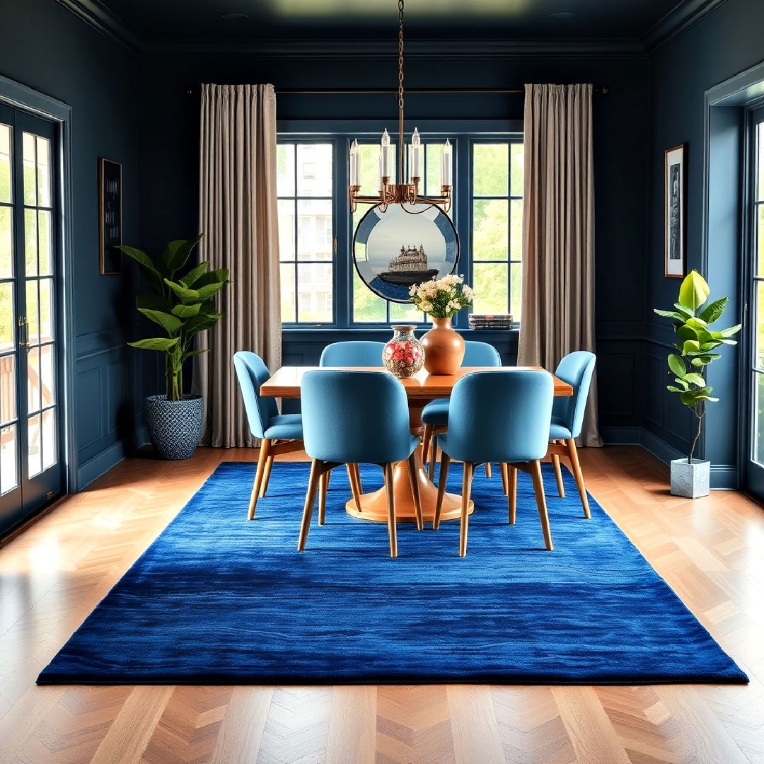 dining room with dark blue area rug - 40 Blue Dining Room Ideas