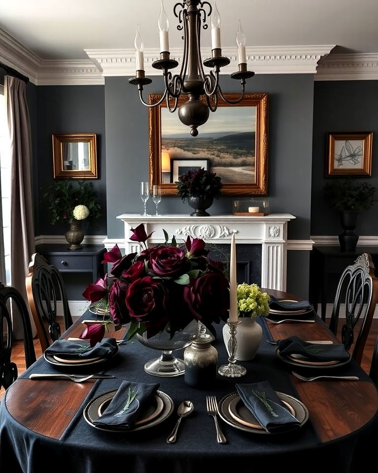 dining room with dark floral arrangement - 20 Dark Academia Dining Room Ideas