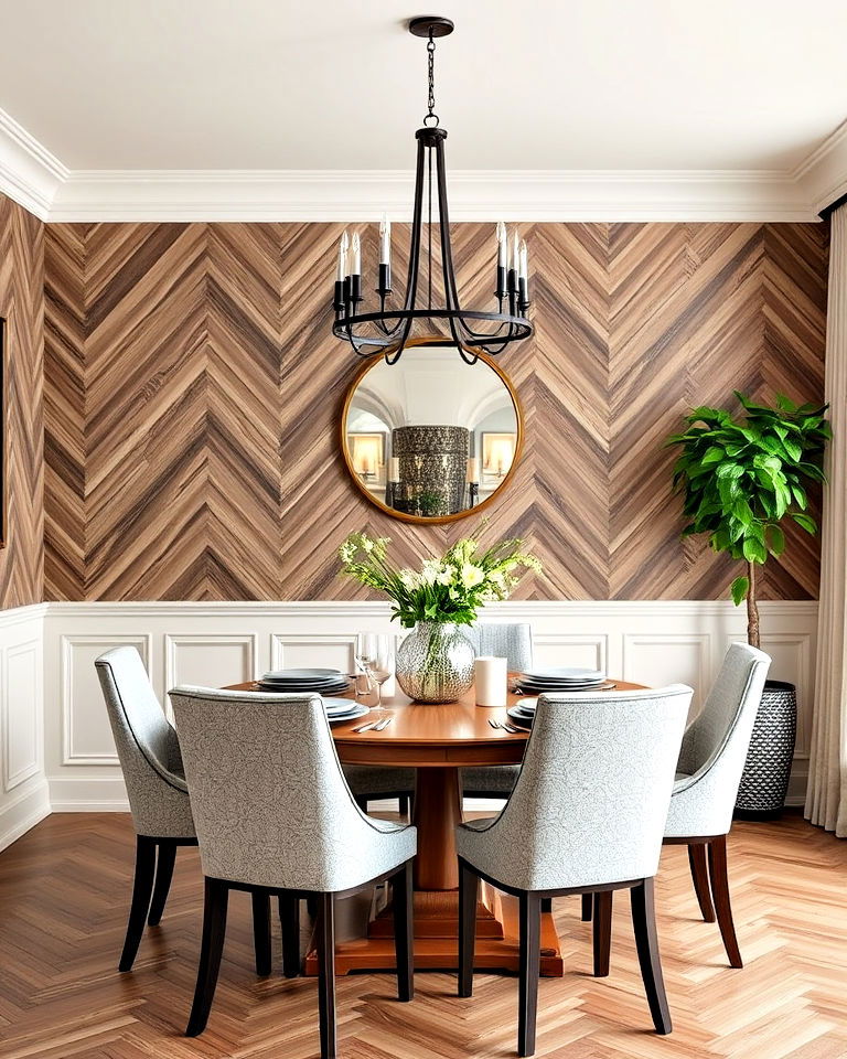 dining room with herringbone paneling - 25 Dining Room Wall Paneling Ideas