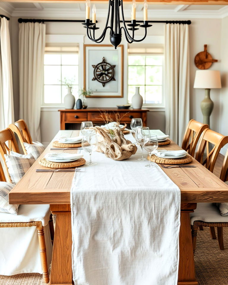 dining room with linen table runner - 20 Coastal Dining Room Ideas