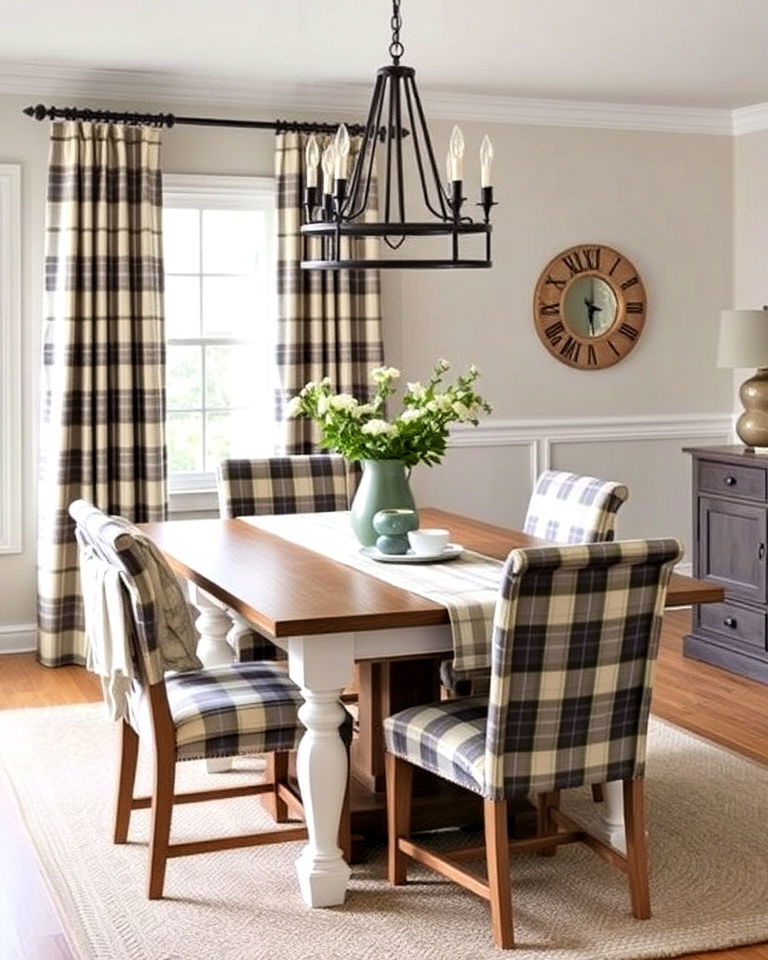 dining room with plaid and tartan fabrics - 30 Cottagecore Dining Room Ideas