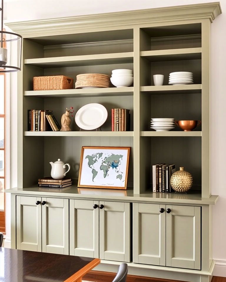 dining room with sage green built in shelves - 25 Sage Green Dining Room Ideas