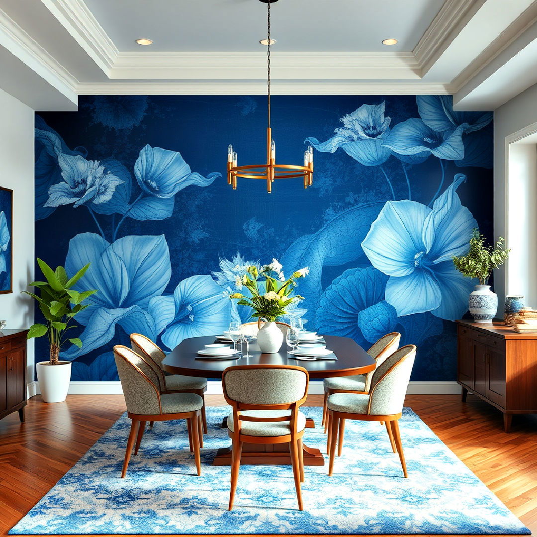 dining room with statement blue mural - 40 Blue Dining Room Ideas