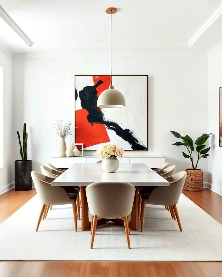dining room with white walls and bold art - 30 White Dining Room Ideas