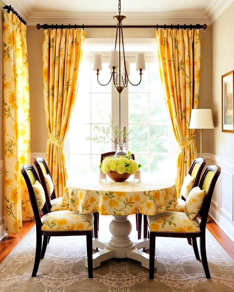 dining room with yellow floral curtains - 20 Yellow Dining Room Ideas