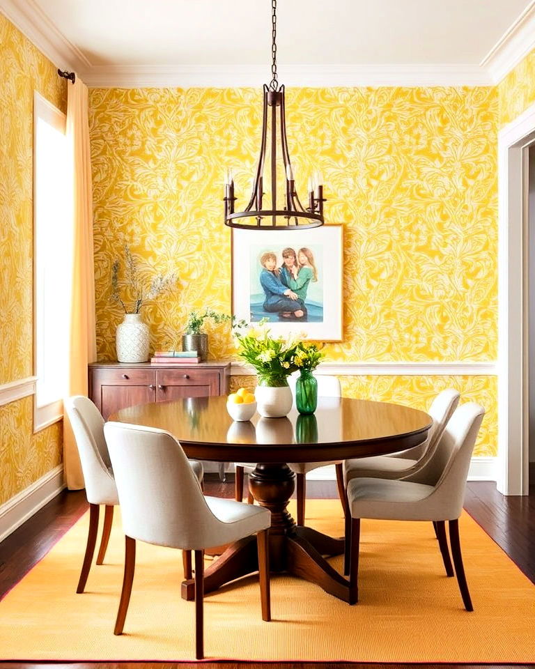 dining room with yellow patterned wallpaper - 20 Yellow Dining Room Ideas