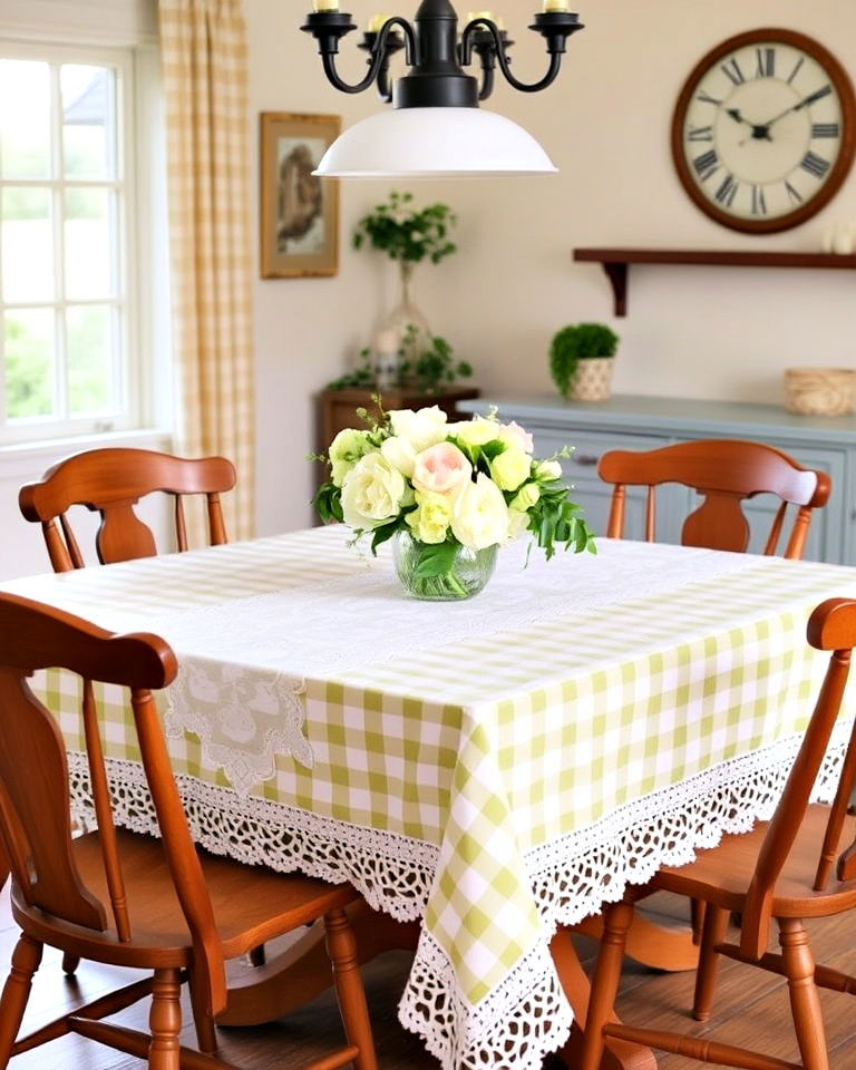 dining space with gingham tablecloth - 30 Cottagecore Dining Room Ideas