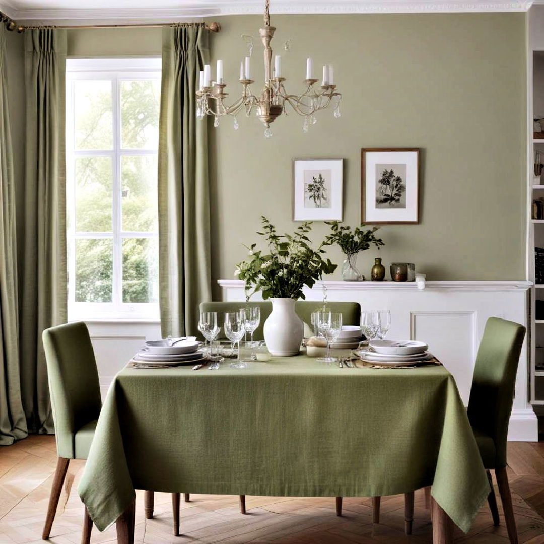 dining space with green tablecloth - 40 Green Dining Room Ideas