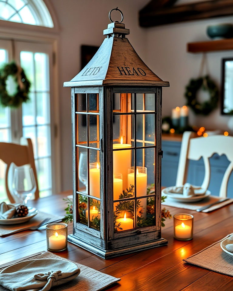 dining table with rustic lantern centerpiece - 30 Lantern Decor Ideas