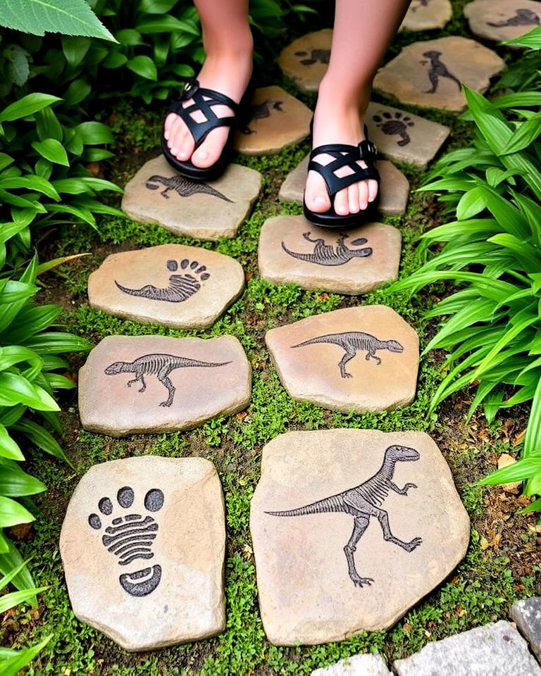 dinosaur fossil inspired stepping stones - 20 Dinosaur Garden Ideas