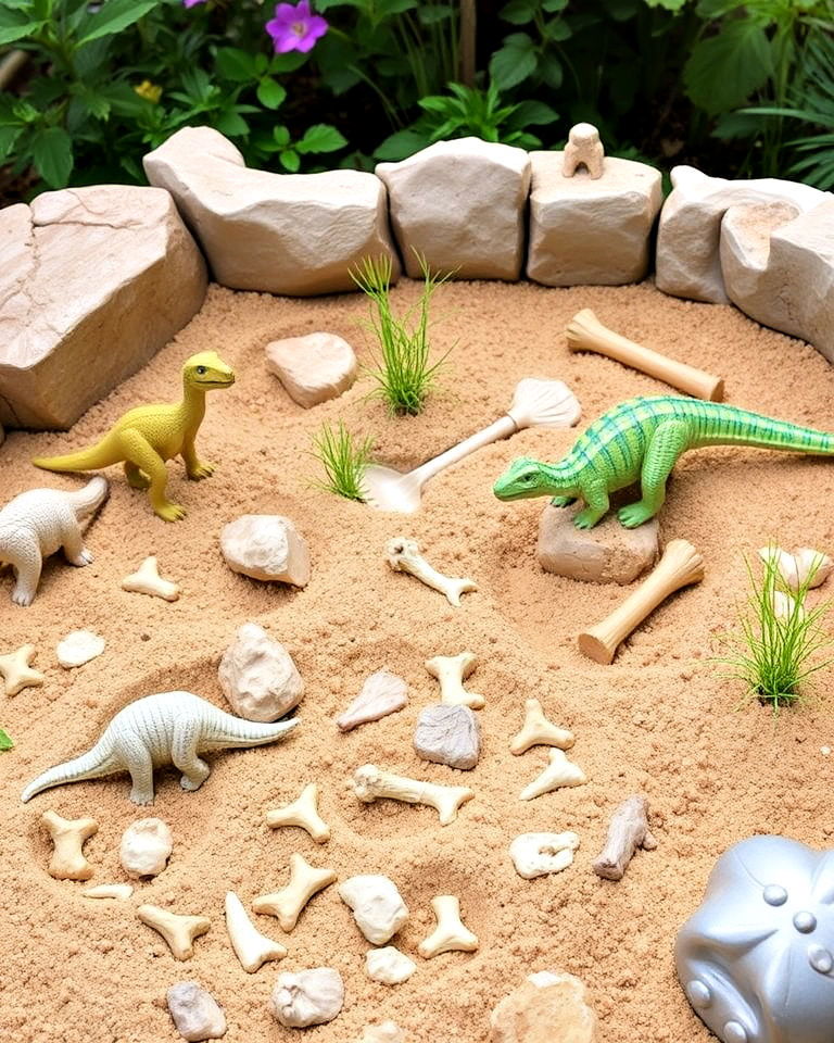 dinosaur garden with fossil dig sandpit - 20 Dinosaur Garden Ideas