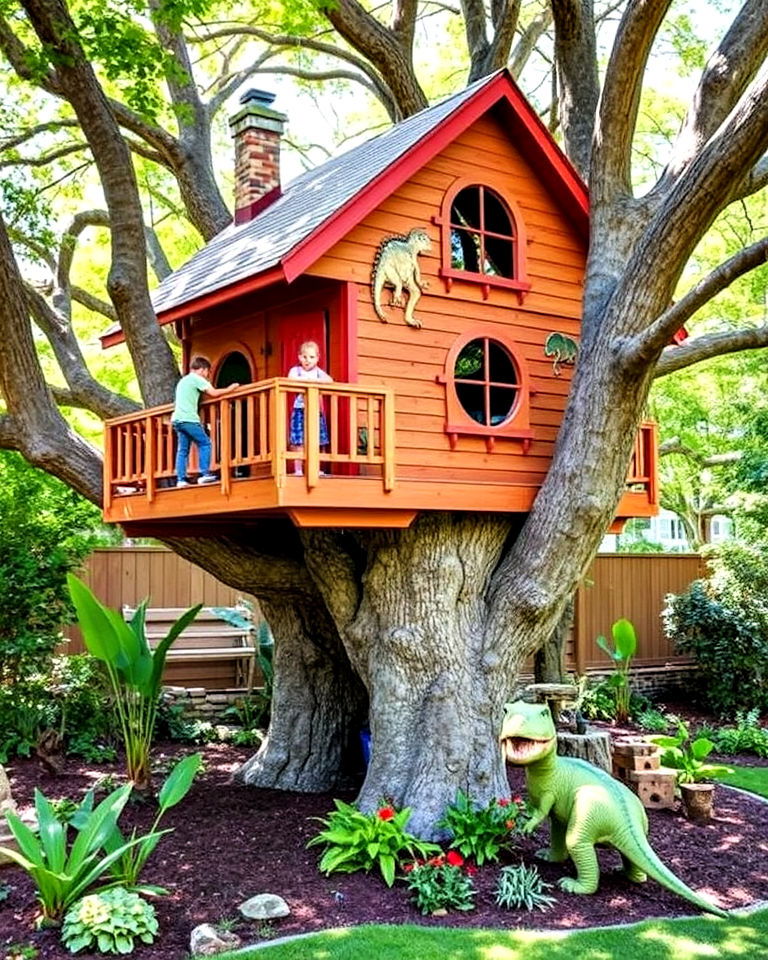 dinosaur themed treehouse design - 20 Dinosaur Garden Ideas