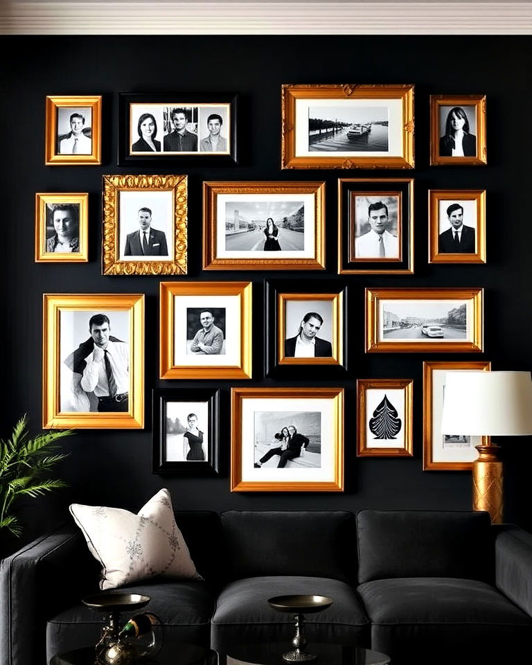 display black and gold picture frames - 40 Black and Gold Living Room Ideas