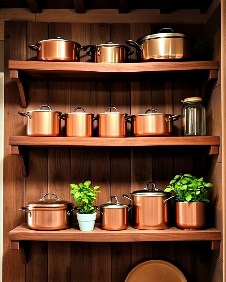 display copper cookware on open wooden shelves - 20 Rustic Italian Decor Ideas