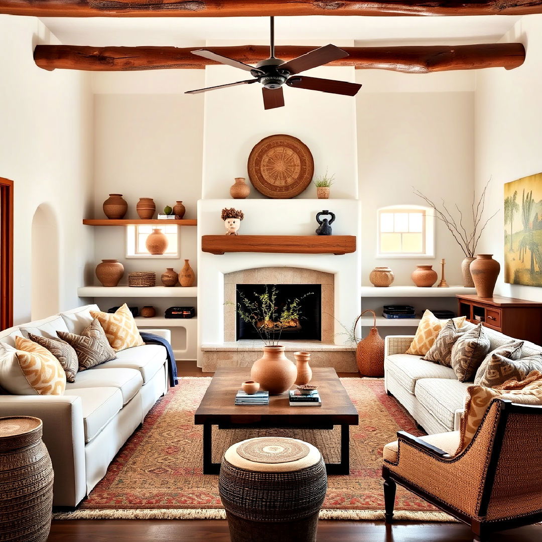 display decorative pueblo pottery - 25 Southwestern Living Room Ideas