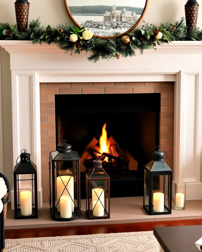 display lanterns on fireplace hearth - 30 Lantern Decor Ideas