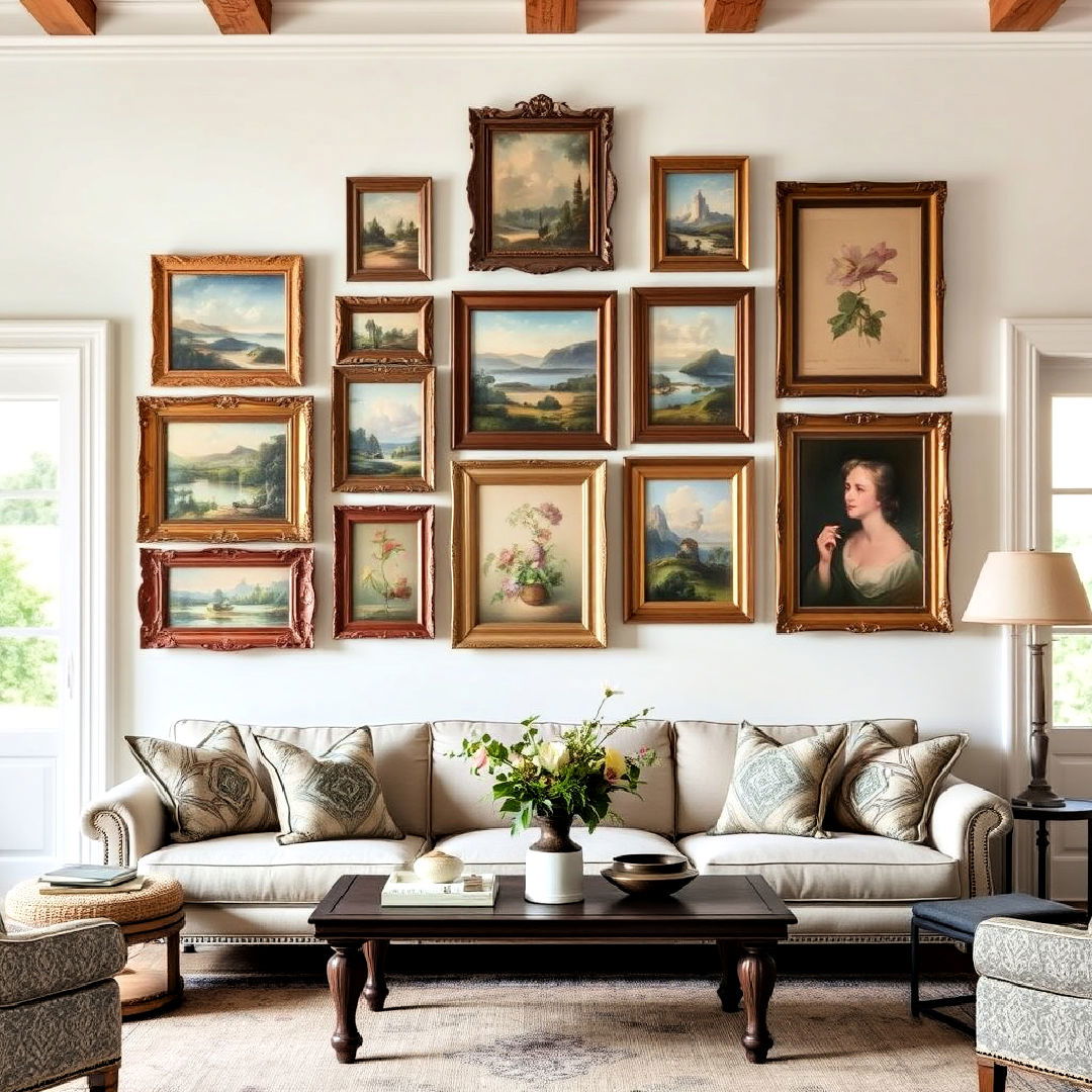 display vintage artwork for a timeless look - 40 French Country Living Room Ideas