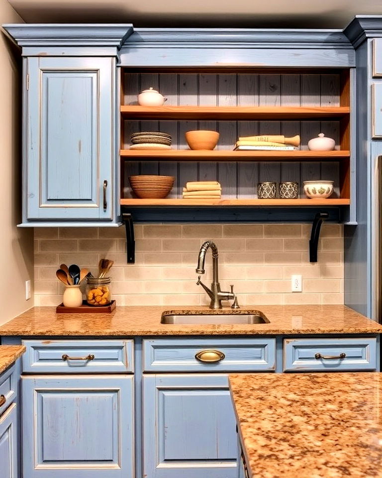 distressed blue cabinets and brown granite countertops - 20 Blue Kitchen Cabinets With Brown Granite Countertops