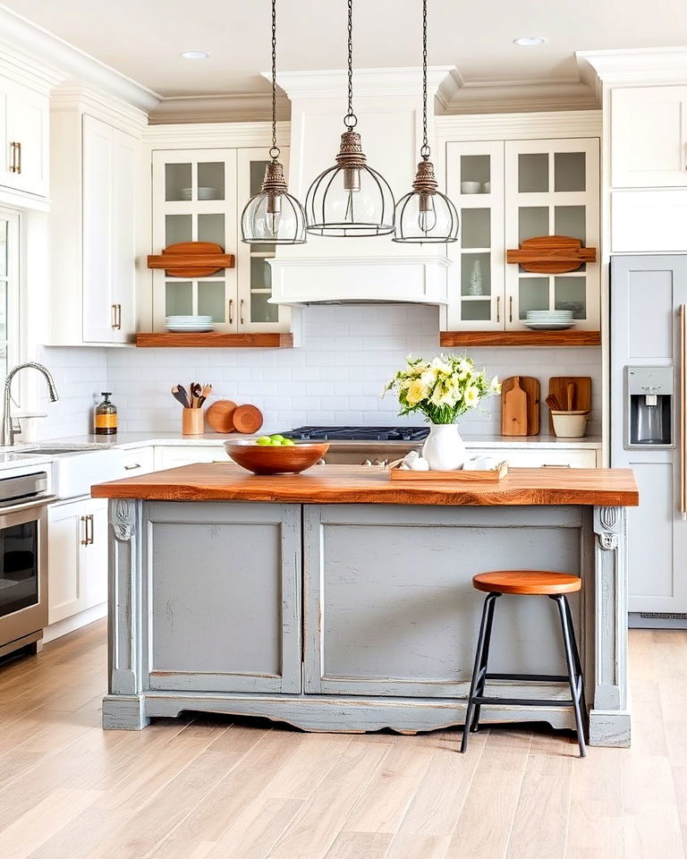 distressed grey island and white kitchen cabinets - 15 White Kitchen Cabinets With Grey Island Ideas
