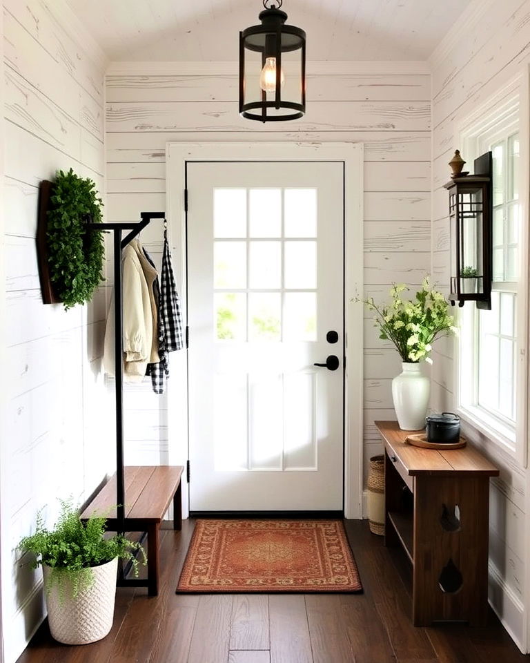 distressed white shiplap to add depth - 25 Shiplap Wall Entryway Ideas